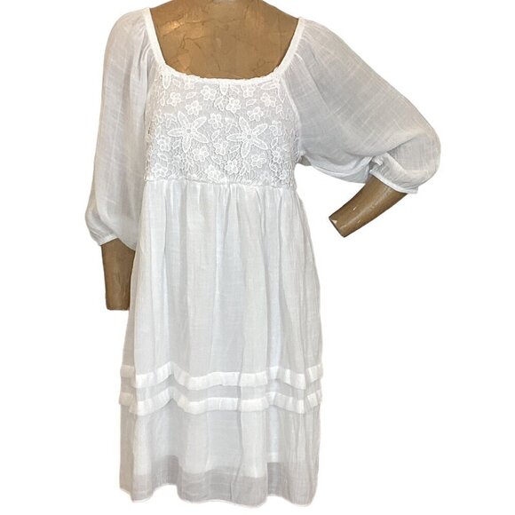 J GEE White Gauzy Dress Crochet Lace Bodice Sz L BOHO Peasant White Noise 299H - Picture 1 of 10